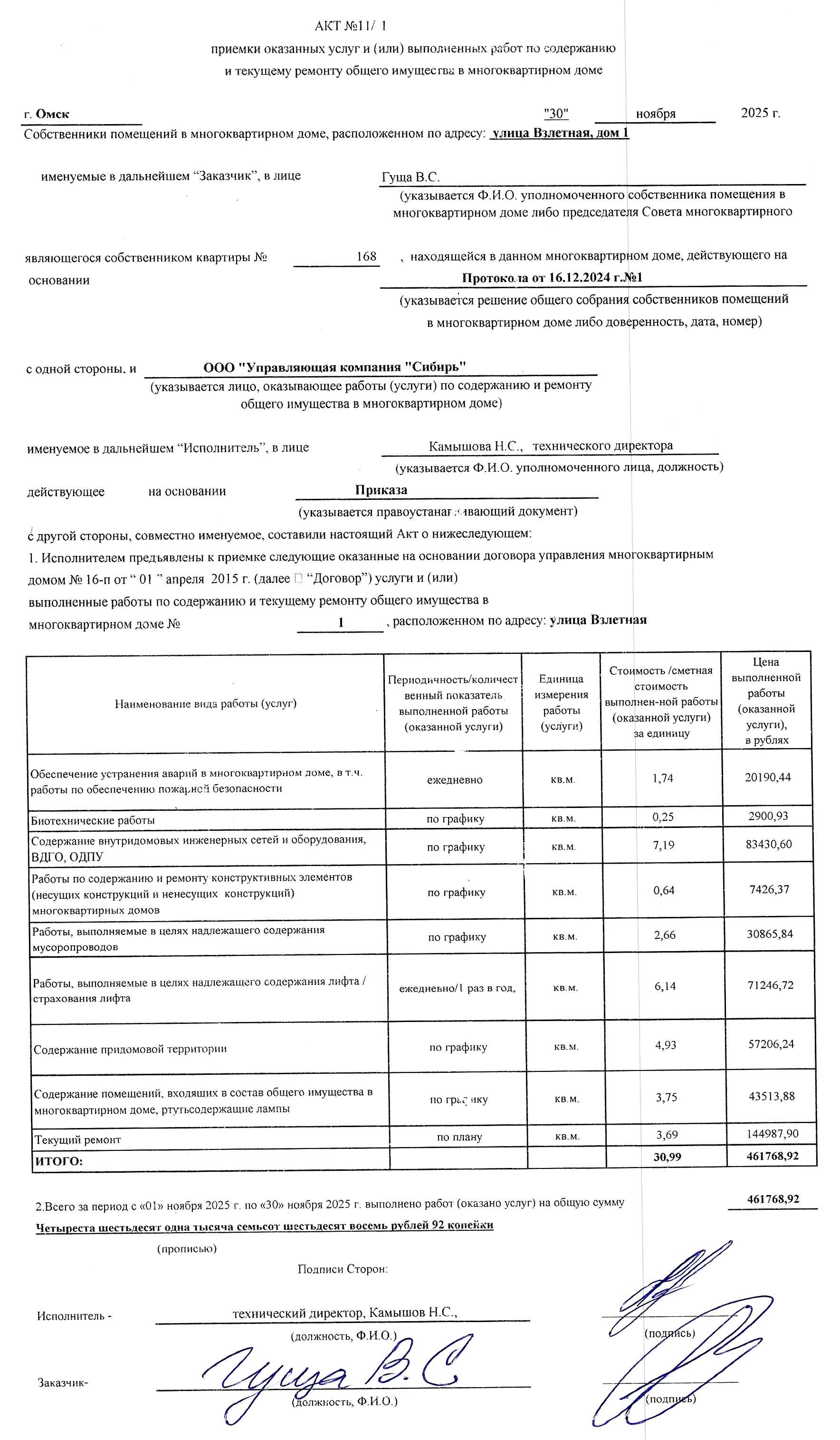 Акт приёмки услуг и работ управления ООО УК "Сибирь" в ноябре 2025 г.