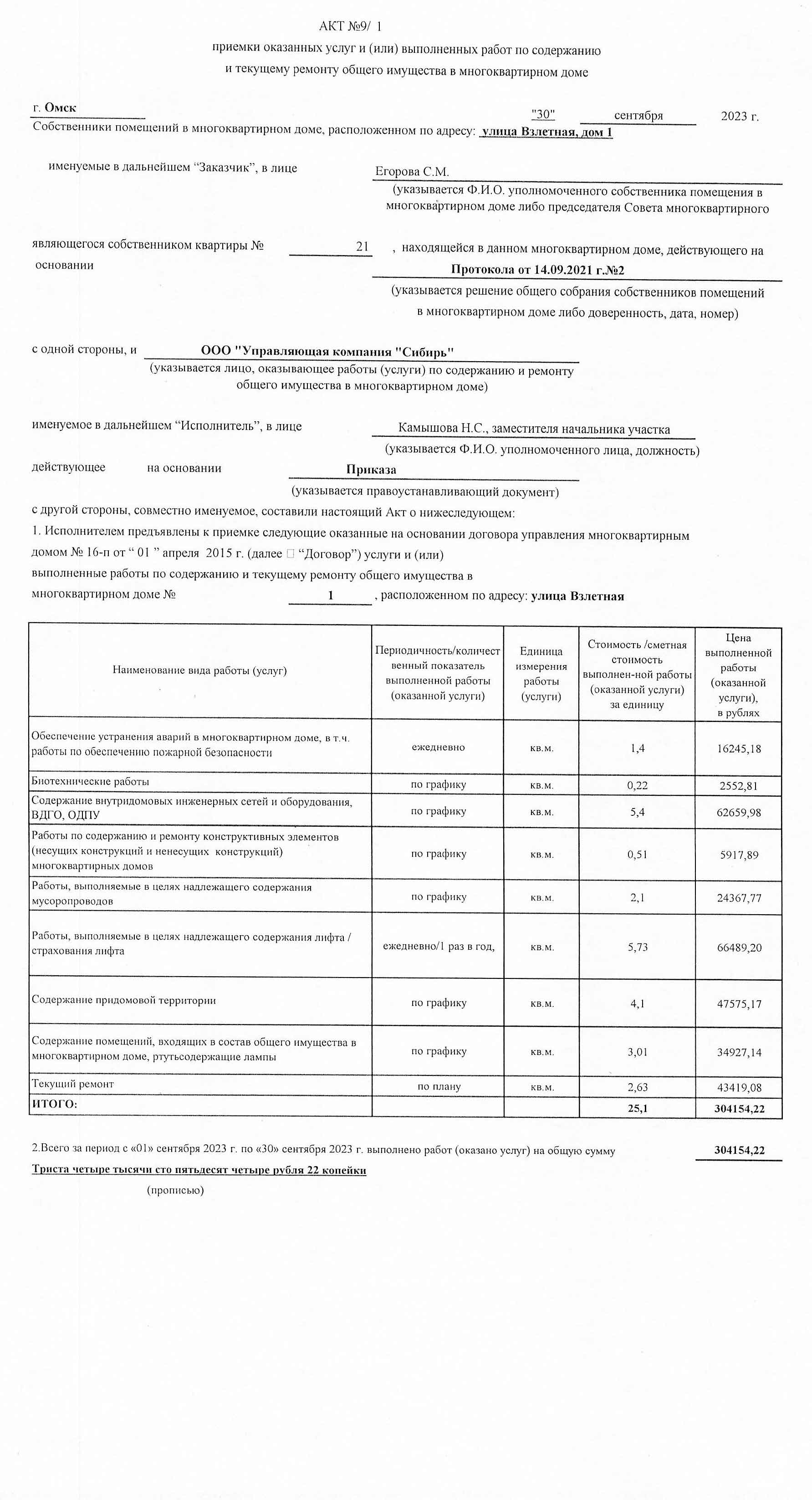 Акт приёмки услуг и работ ООО УК "Сибирь" в сентябре 2023