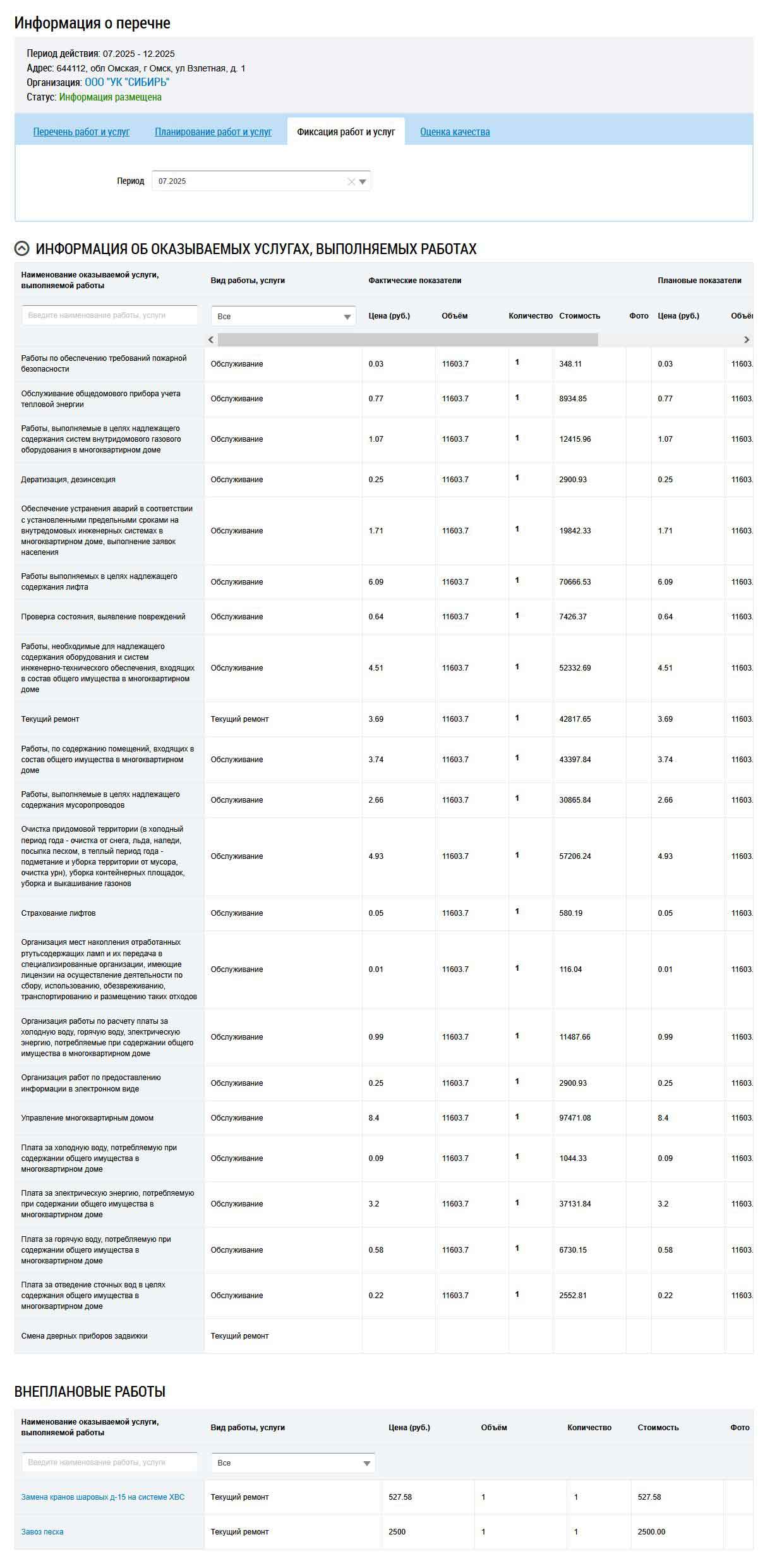 Перечень фактически выполненных услуг ООО УК "Сибирь" в июле 2025