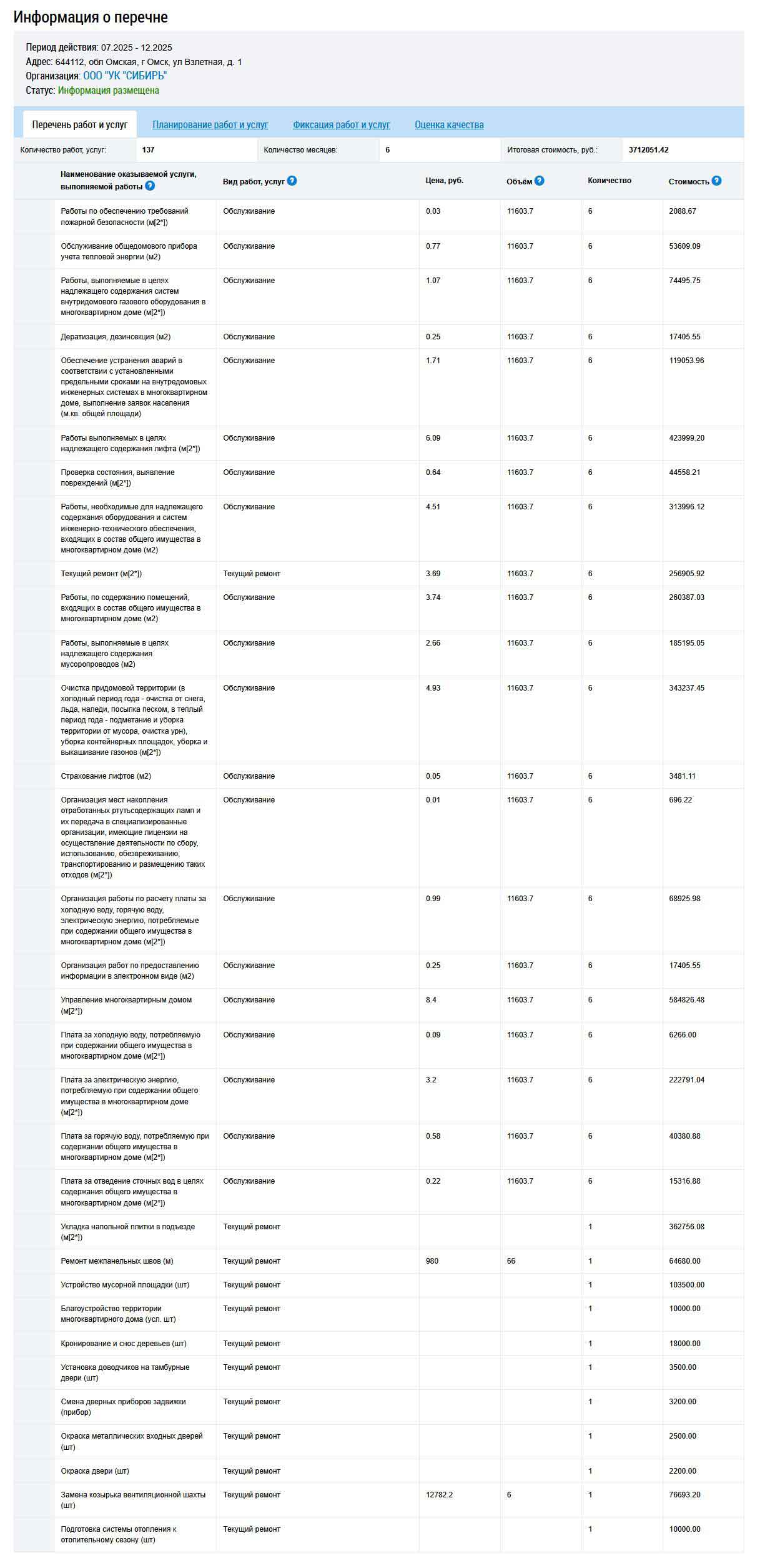 Перечень услуг ООО УК "Сибирь" в период 07-12.2025